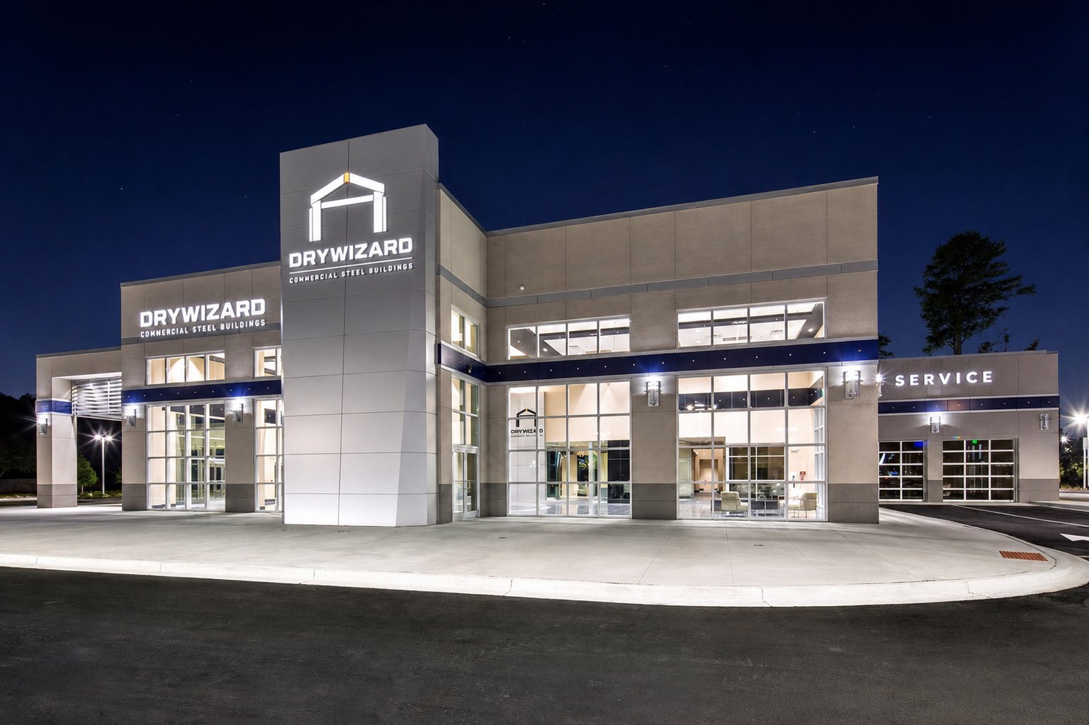 Steel dealership showroom with glazed sliding doors